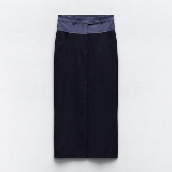 BNWT ZARA CONTRASTING WAIST PENCIL SKIRT NAVY BLUE XS - Picture 3 of 5
